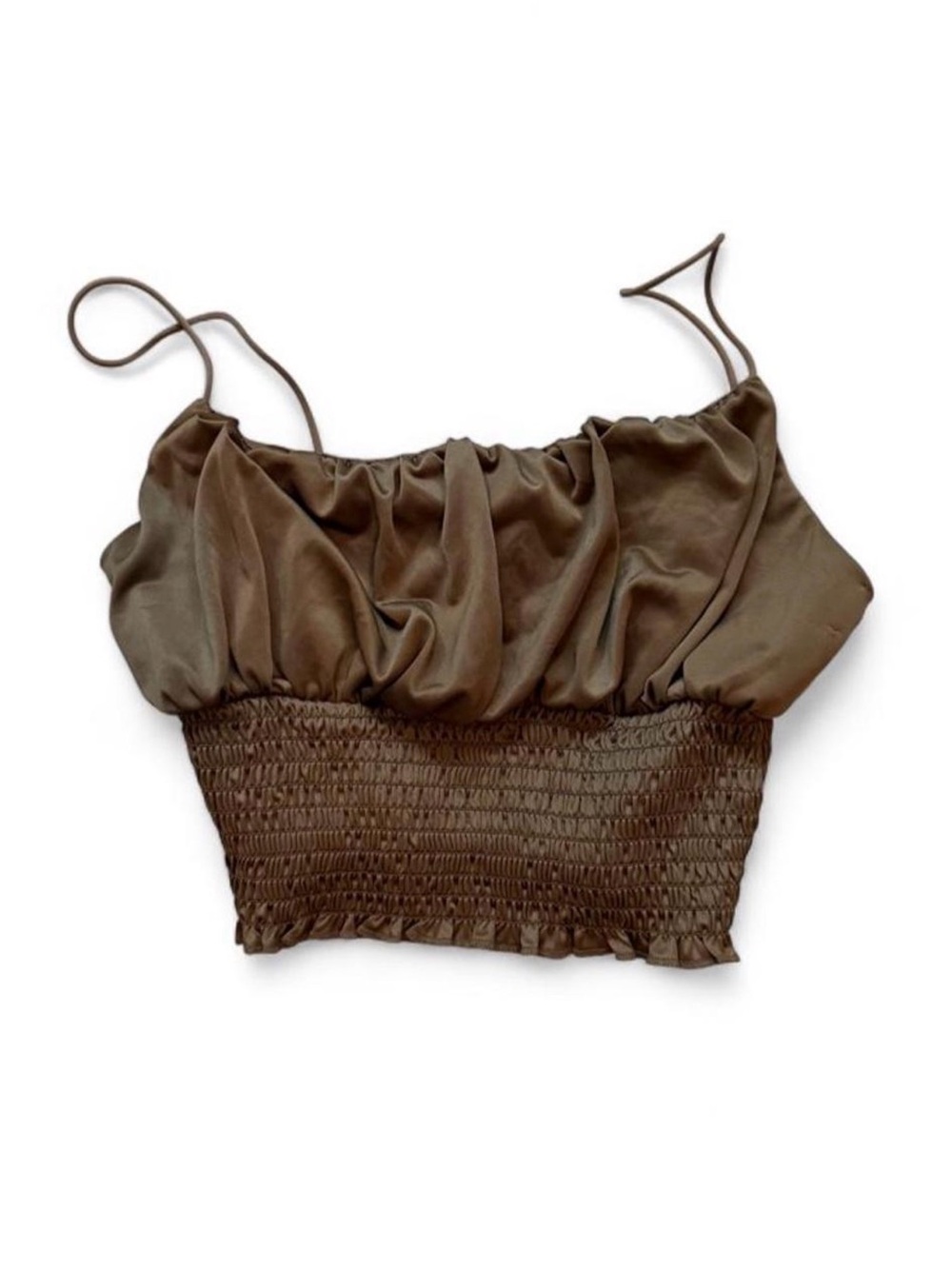 Brown Ruched Satin Ruffled Crop Top